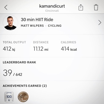 The output for my "Century Club" ride with Peloton.