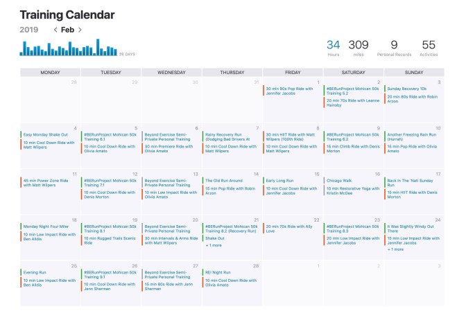My Strava training calendar for February 2019. #nodaysoff