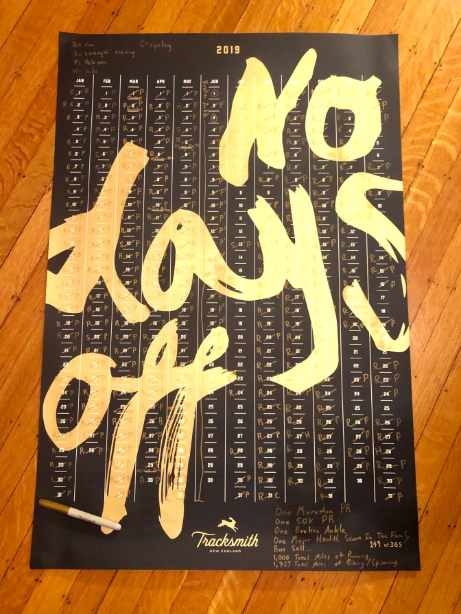 My completed "No Days Off" calendar for 2019.